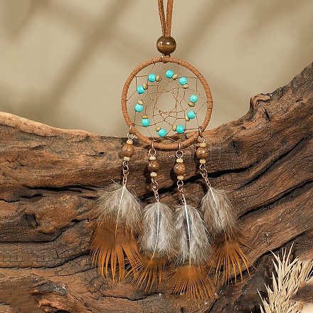 Женские ожерелья из искусственной замши с большим кулоном из сплава и дерева в этническом стиле с сеткой и перьями FS-WG285C1-09-1