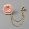 Polyester Rose Flower Hanging Chain Brooch with Crystal Rhinestone, Golden Alloy Lapel Pin for Suit Shirt Collar, Misty Rose, 158mm