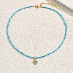 Нержавеющая сталь паве синтетическая бирюза капля кулон круглые бусины ожерелья для женщин ежедневные элегантные украшения&nbsp;YJ5982