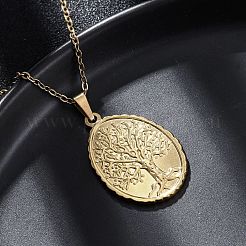 Овальное дерево жизни ожерелья из нержавеющей стали 304&nbsp;NJEW-M096-10G
