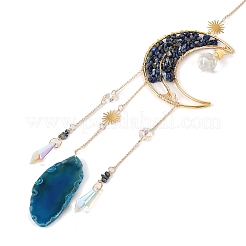 Обернутая проволокой натуральная лазуритовая луна с подвесками в виде дерева жизни&nbsp;HJEW-K046-07G-01