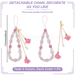 3 шт. 3-цветные ремешки для мобильного телефона со стразами из полимерной глины и стекла&nbsp;HJEW-PH01981