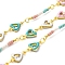 Handmade Brass Enamel Heart Link Chains, Glass Beaded Chains, Real 18K Gold Plated, Soldered, with Spool, Cadmium Free & Lead Free, Medium Turquoise, Bead Link: 23~24x3x2mm, Heart: 10.5x7x2mm