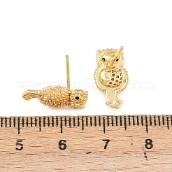 Серьги-гвоздики в форме совы из латуни с микропаве из прозрачных кубических цирконий&nbsp;EJEW-F400-15G