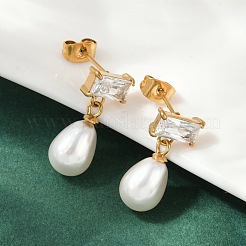 Серьги-гвоздики в форме капли с прямоугольником из нержавеющей стали 304 с прозрачным кубическим цирконием&nbsp;EJEW-F366-01G-01