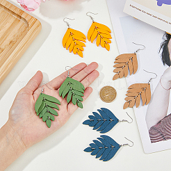 4 пара двухцветных сережек-подвесок в виде деревянных листьев&nbsp;EJEW-FI0001-94