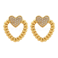 Серьги-гвоздики из латуни с микро-паве и прозрачным фианитом в форме сердца&nbsp;EJEW-R025-09G