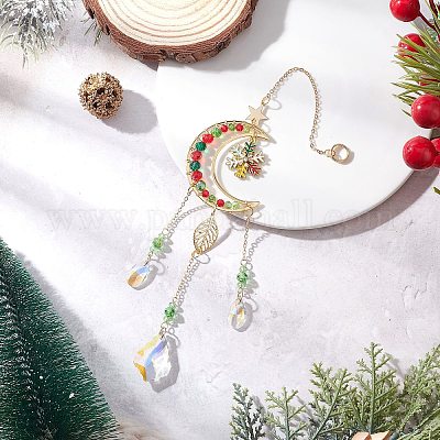 Подвесные ловцы солнца в форме луны из латуни и эмалированного сплава со снежинками HJEW-TA00410-1