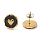 Ion Plating(IP) 304 Stainless Steel Flat Round with Heart Stud Earrings, wtih Enamel, Real 18K Gold Plated, 13x12.5mm