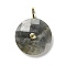 Natural Labradorite Faceted Pendants, Flat Round Charms, with Rack Plating Golden Tone Brass Micro Pave Cubic Zirconia Findings, 32.5~33x25~25.5x7~7.5mm, Hole: 4mm