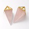 Natural Rose Quartz Point Pendulum Pendants, with Golden Plated Brass Findings, 30~34x15x15mm, Hole: 5x6mm