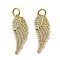 Brass Micro Pave Cubic Zirconia Pendants, Cadmium Free & Nickel Free & Lead Free, Wing Charms, with Jump Ring, Real 18K Gold Plated, 22x8.5x2.5mm, Hole: 2.5mm