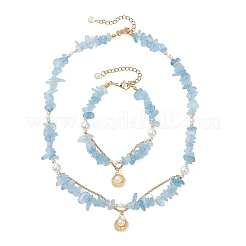 Комплекты ожерелий и браслетов из натуральных аквамариновых бусин для женщин&nbsp;SJEW-JS01372-01