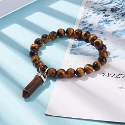 Эластичный браслет из круглых бусин из натурального тигрового глаза с подвеской в форме пули&nbsp;BJEW-JB08310-02