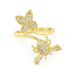 Женское открытое кольцо-манжета из латуни «Бабочка и пчела» с микропаве и прозрачным кубическим цирконием&nbsp;RJEW-U003-10G