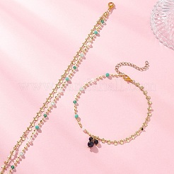 2 комплект из 2-х стилей браслетов на ногу из латунной цепочки со звездой и кисточками ручной работы из стекла&nbsp;AJEW-AN00761