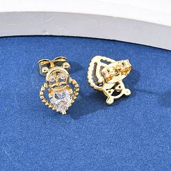 Серьги-гвоздики из латуни с микро-паве и прозрачным фианитом в форме сердца&nbsp;EJEW-C172-02G