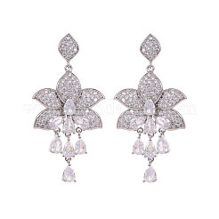 Серьги-гвоздики с подвесками из латуни с микропаве из кубических цирконий в форме цветка и каплевидной формы&nbsp;FS-WGED40D-03