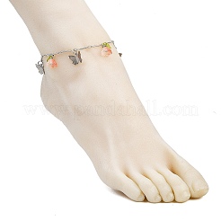 Браслеты на ногу из латунной цепочки с подвесками в виде бабочек и стеклянных цветов из нержавеющей стали 201&nbsp;AJEW-AN00736-03