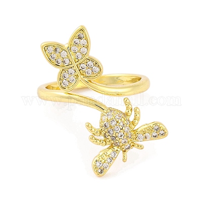 Женское открытое кольцо-манжета из латуни «Бабочка и пчела» с микропаве и прозрачным кубическим цирконием&nbsp;RJEW-U003-10G-1