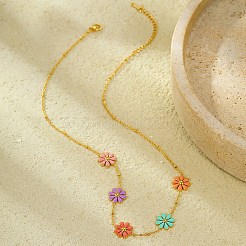 304 нержавеющая сталь эмалированная цепочка с цветком маргаритки ожерелья для женщин&nbsp;NJEW-D303-01G