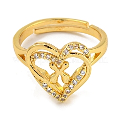 Регулируемые кольца из латуни с микро-паве в форме сердца и стойки для писем для женщин с прозрачным фианитом&nbsp;RJEW-I105-01G-X