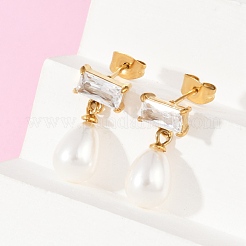 Серьги-гвоздики в форме капли с прямоугольником из нержавеющей стали 304 с прозрачным кубическим цирконием&nbsp;EJEW-F366-01G-01