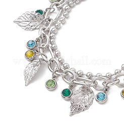 Браслеты из двухслойной цепи Figaro и шариков из нержавеющей стали Leaf 304&nbsp;BJEW-JB13177-02