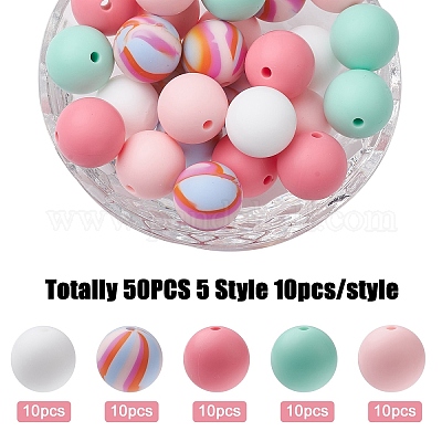 50шт 5 вида круглых силиконовых бусин&nbsp;SIL-YW0001-22-1