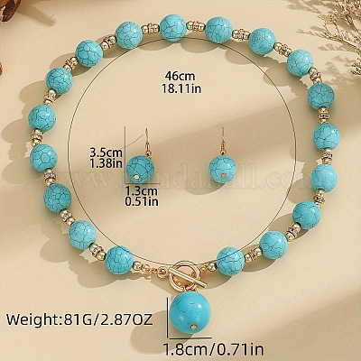Комплекты из ожерелий и серег-подвесок из пластика ccb в стиле бохо с синтетической бирюзой и круглыми бусинами FS-WG8FAC9-01-1
