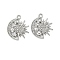 Alloy Rhinestone Pendants, Moon with Sun, Platinum, 22x19x2.5mm, Hole: 1.8mm