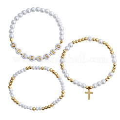 3 шт. Набор многорядных браслетов из искусственного жемчуга с буквой и металлическим крестом&nbsp;NP1361