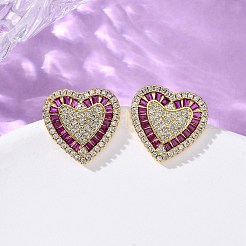 Серьги-гвоздики в форме сердца из латуни с микропаве из циркония&nbsp;EJEW-H166-01G-04