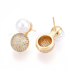 Серьги-гвоздики из латуни с микропаве из кубических цирконий и искусственного жемчуга ABS&nbsp;KK-T074-47G