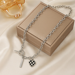 4 шт. 2 цвета сплава эмаль клетчатый кулон сердце железная цепь ожерелье&nbsp;NJEW-HY0001-31