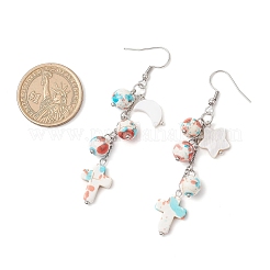 Серьги-подвески из нержавеющей стали 304 с синтетической бирюзой и луной и звездами&nbsp;EJEW-JE06516-01