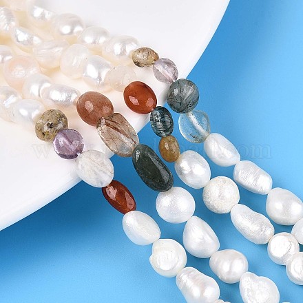 Натуральные смешанные самородки драгоценных камней и нити бусин из натурального культивированного пресноводного жемчуга PEAR-N023-01A-12-1